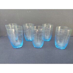 6 Elegant Etch Clipper Ship Blue Juice Glasses